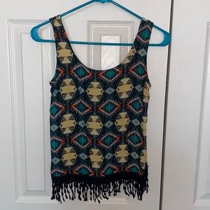 Patterned tank with black fringe